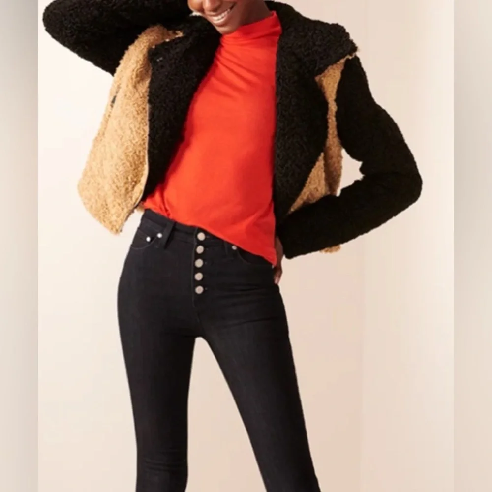 Nine West Sherpa bomber jacket in tan & black w/ asymmetrical zipper. XL - Picture 9 of 13